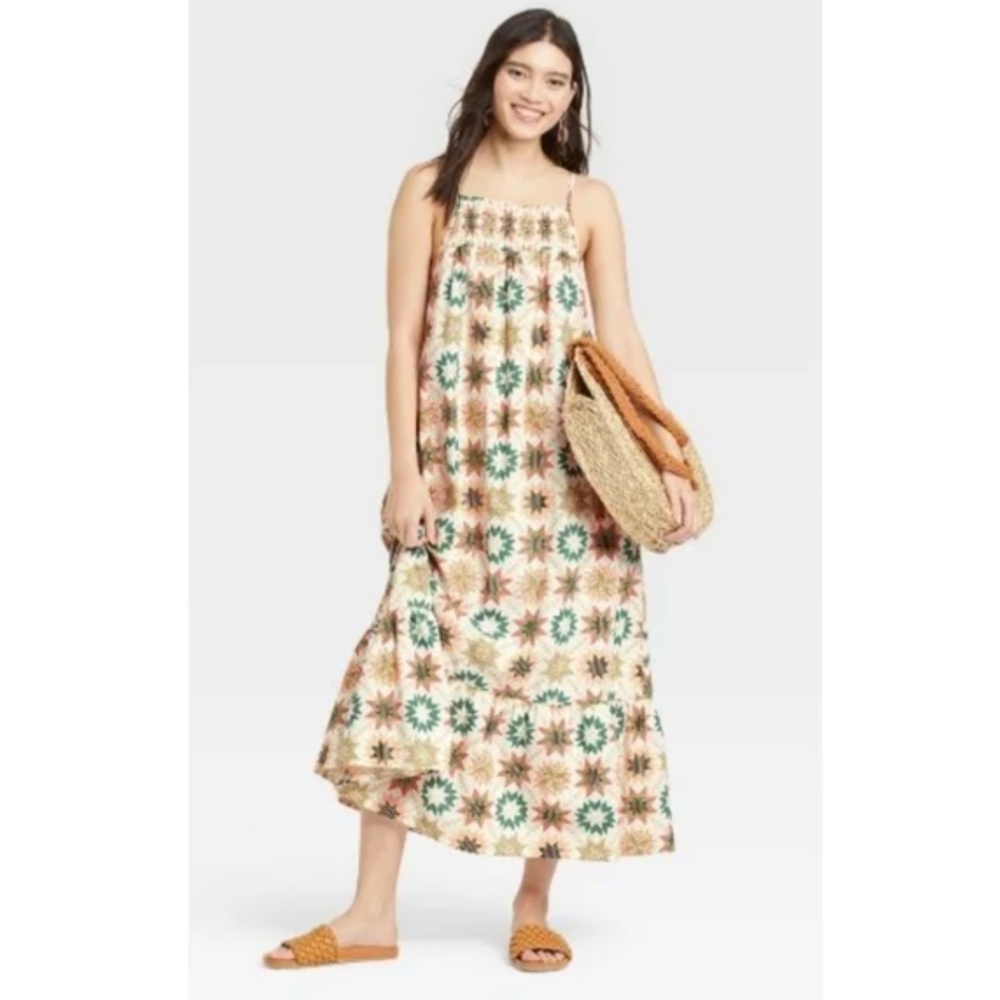 Universal Thread Cream Maxi Dress with Green & Brown Floral Print